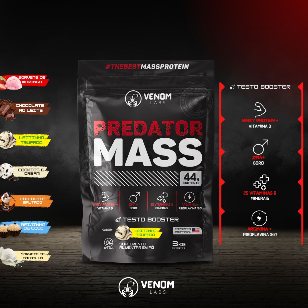Hipercalórico PREDATOR MASS 3kg TESTO BOOSTER (44g proteínas por porção) Venom Labs - 7 sabores