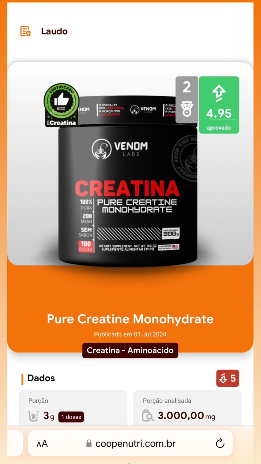 Creatina 100% pura 500g Refil - Venom Labs (laudada com 100% pureza pela Coopenutri & Abenutri)