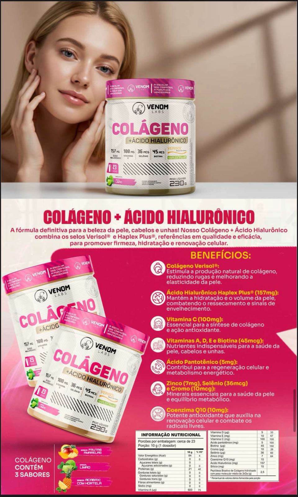 Colágeno Hidrolisado + Ácido Hialurônico 230g ( selos de pureza Verisol + Haplex) VENOM LABS